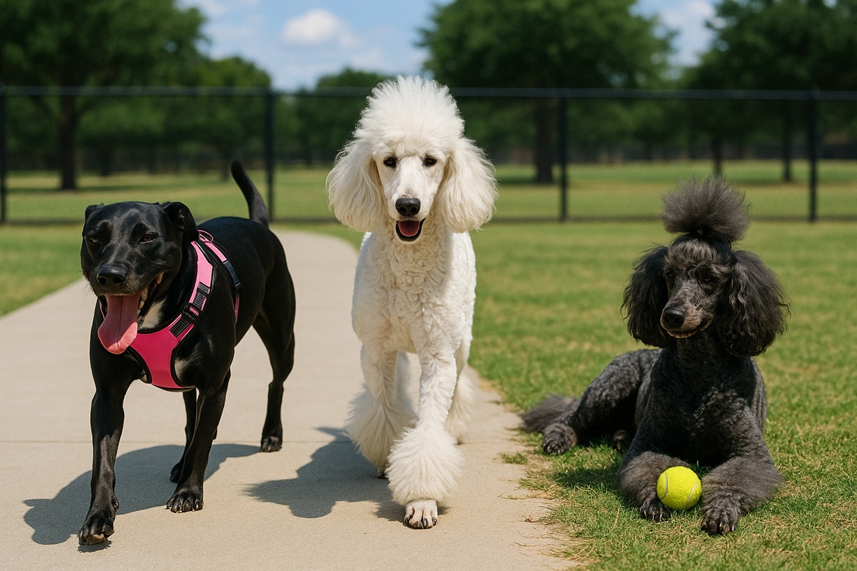 Dogs at the park with a tennis ball