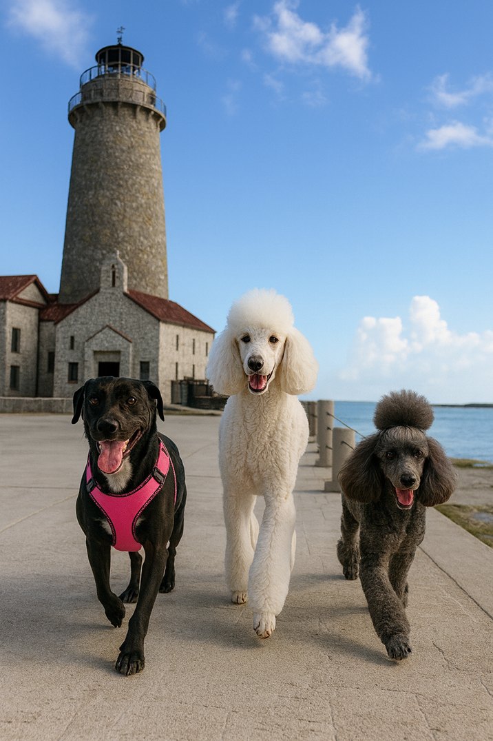 Three dogs on lighthouse patrol
